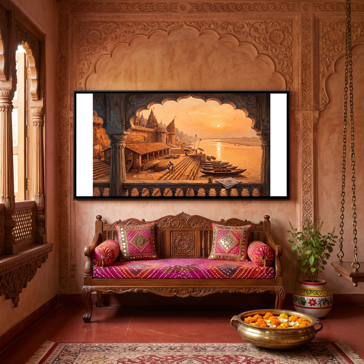 Ghats Through a Carved Arch - canvas art shown in a styled room