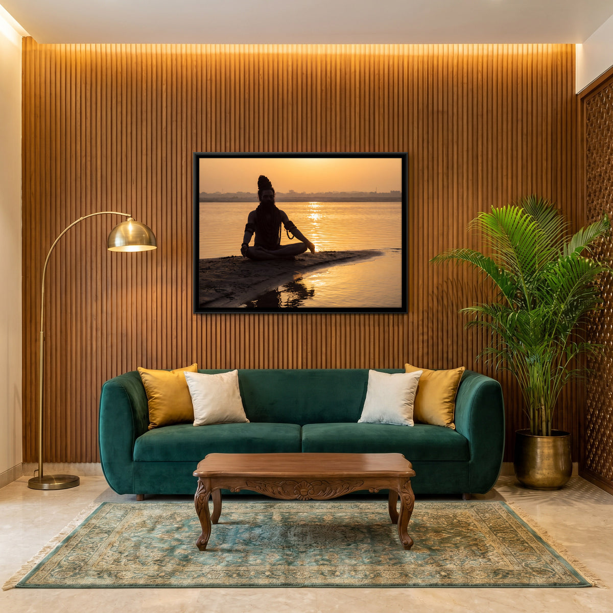 Sadhu Meditating at Sunrise - canvas art shown in a styled room
