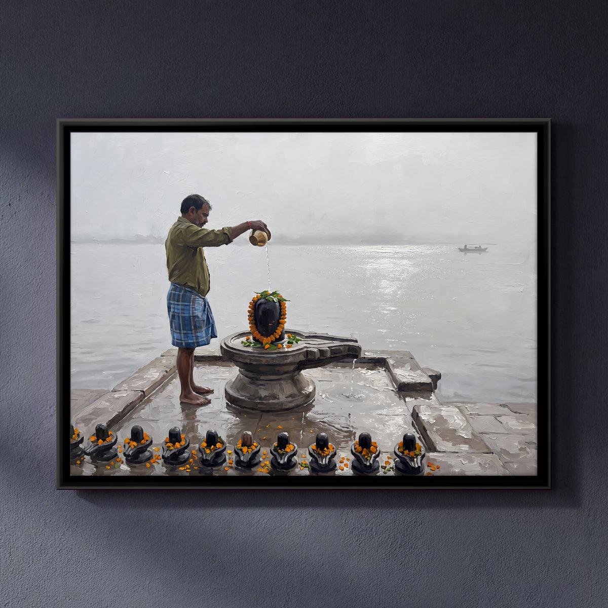 Water Offering to the Shivling - framed canvas art hung on a wall