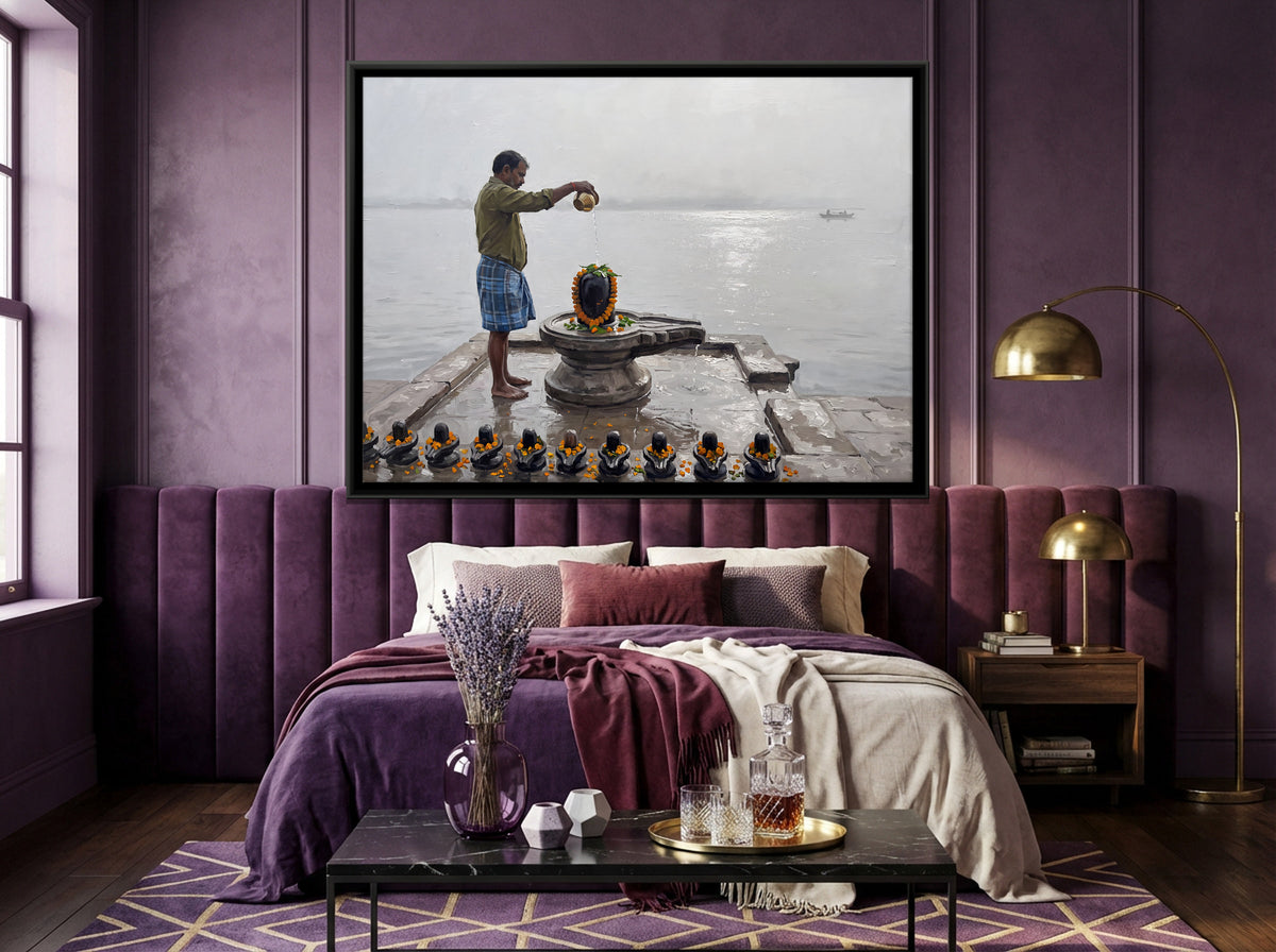 Water Offering to the Shivling - canvas art shown in a second room setting