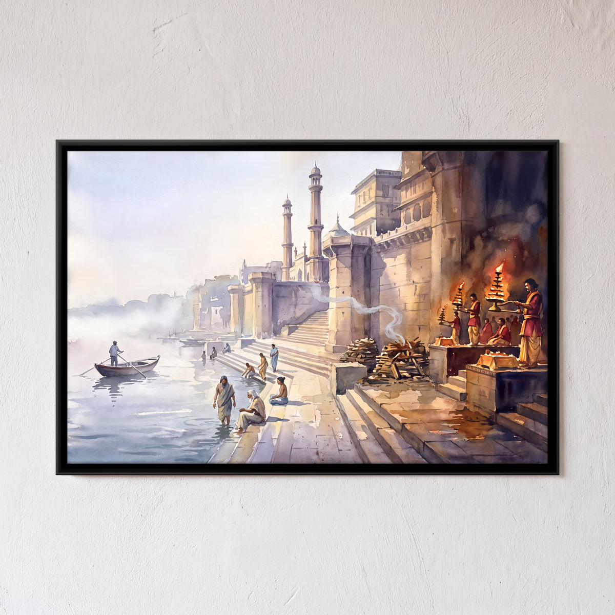 Ganga Aarti at the Varanasi Ghats - framed canvas art hung on a wall