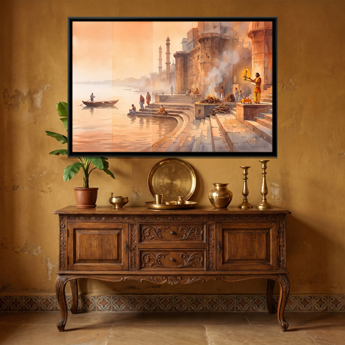 Ganga Aarti at the Varanasi Ghats - canvas art shown in a styled room