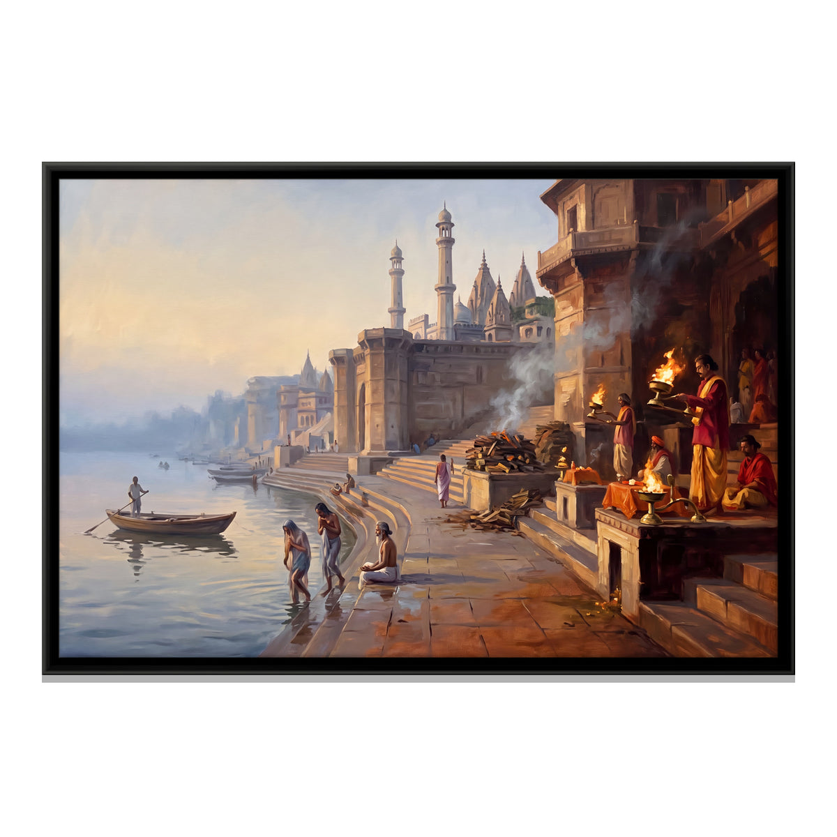 Ganga Aarti at the Varanasi Ghats - framed canvas print, front view