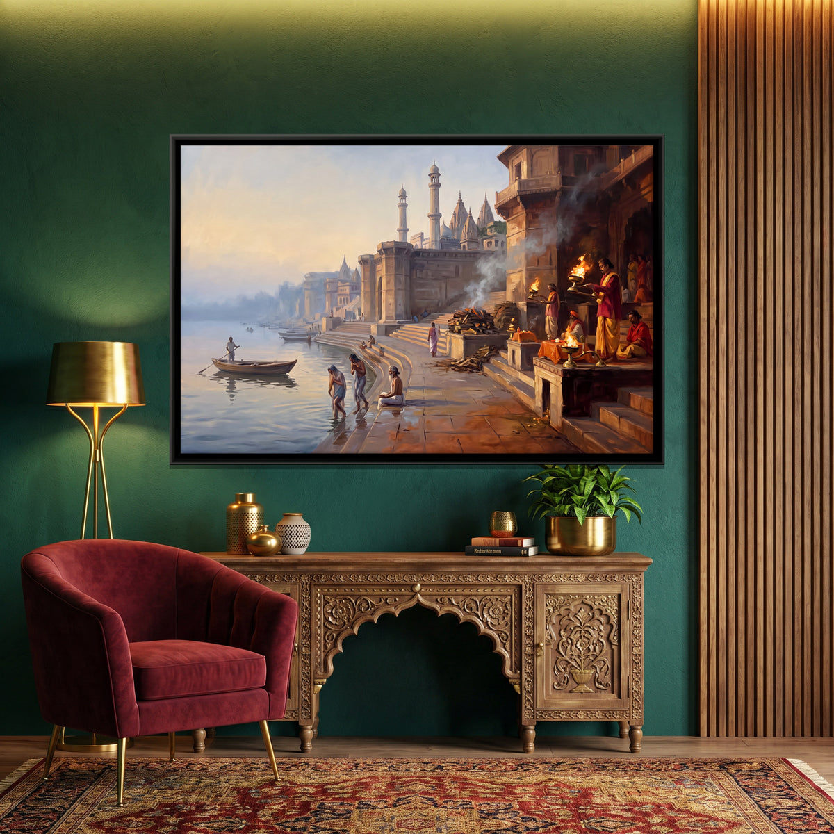 Ganga Aarti at the Varanasi Ghats - canvas art shown in a styled room