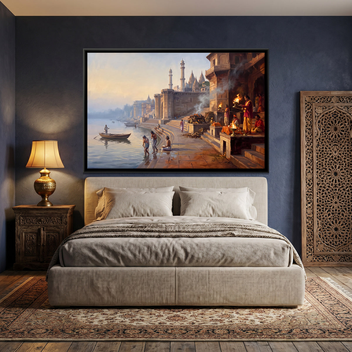 Ganga Aarti at the Varanasi Ghats - canvas art shown in a second room setting