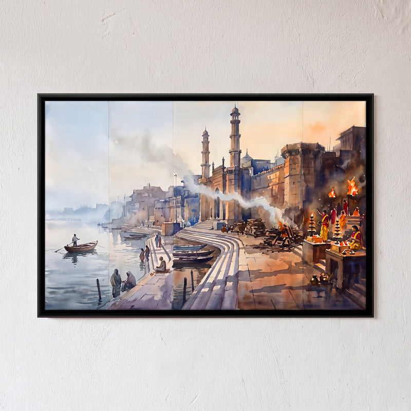 Ganga Aarti at the Varanasi Ghats - framed canvas art hung on a wall