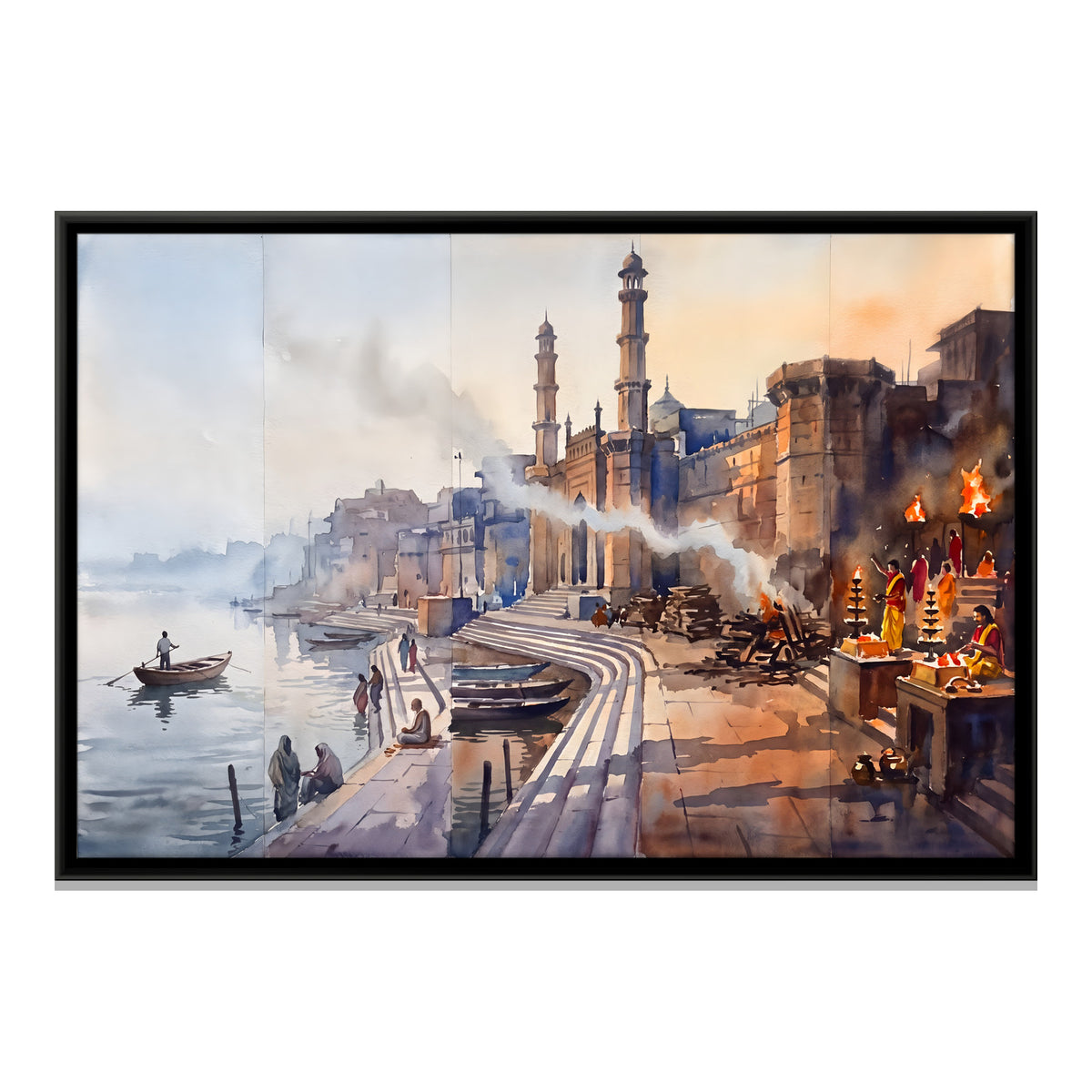 Ganga Aarti at the Varanasi Ghats - framed canvas print, front view