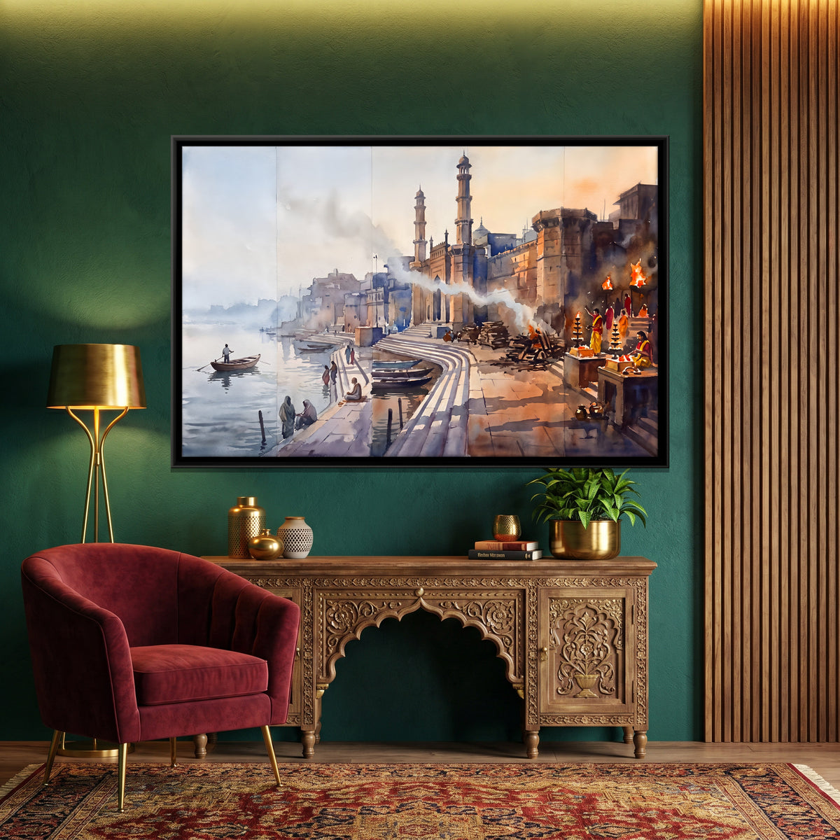 Ganga Aarti at the Varanasi Ghats - canvas art shown in a styled room