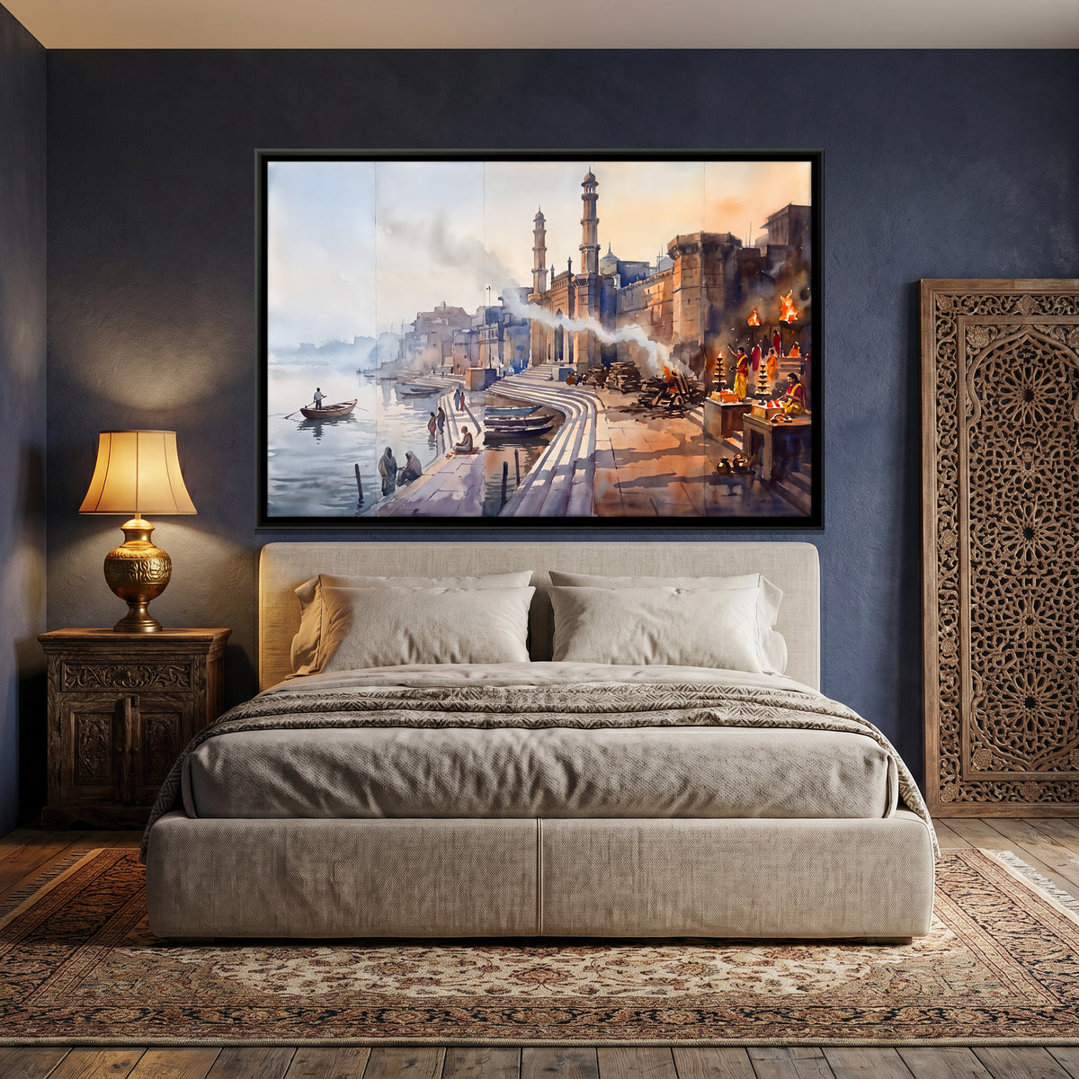 Ganga Aarti at the Varanasi Ghats - canvas art shown in a second room setting