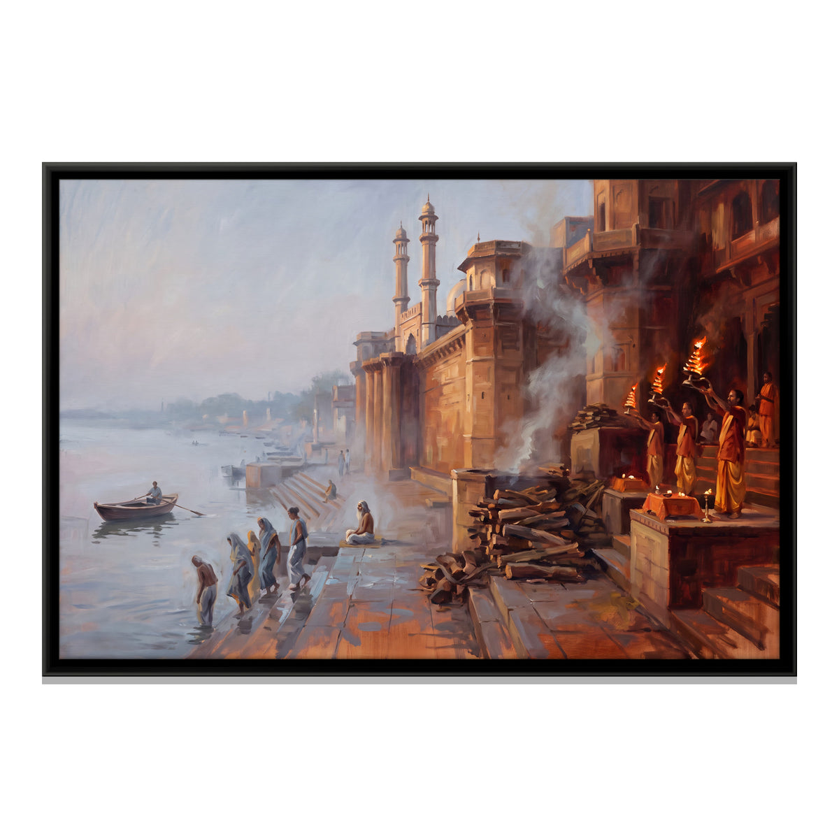 Ganga Aarti at the Varanasi Ghats - framed canvas print, front view