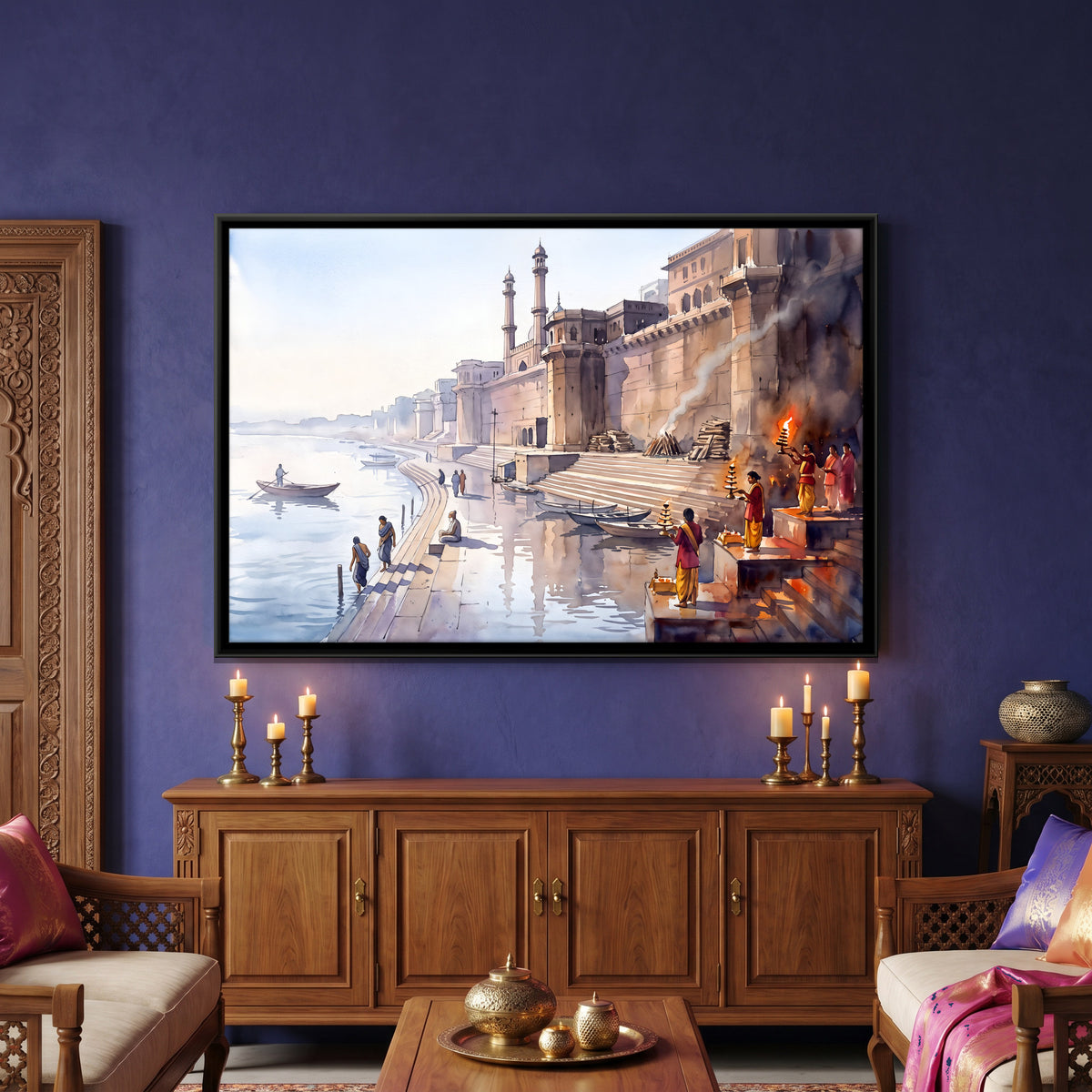 Ganga Aarti at the Varanasi Ghats - canvas art shown in a styled room