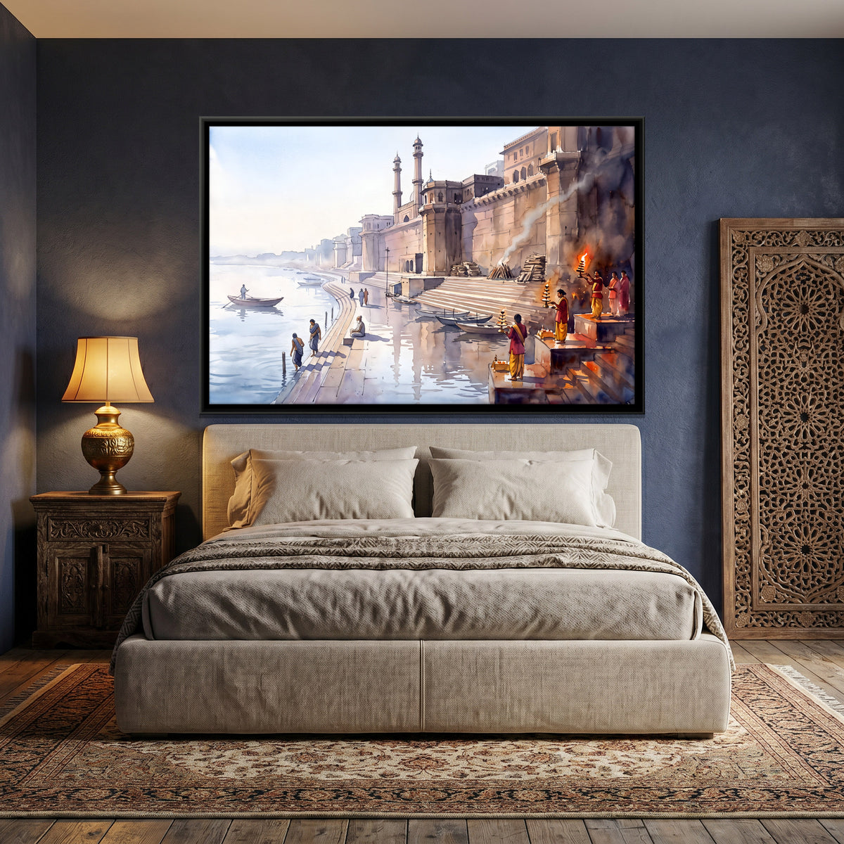 Ganga Aarti at the Varanasi Ghats - canvas art shown in a second room setting