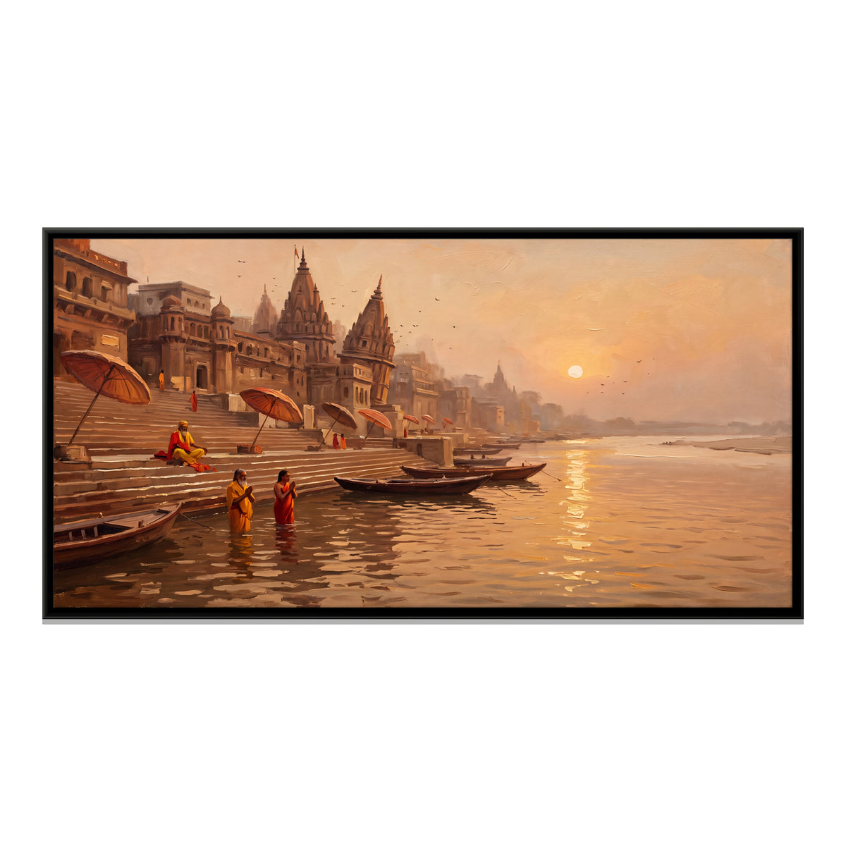 Morning Dip at the Ghats - framed canvas print, front view