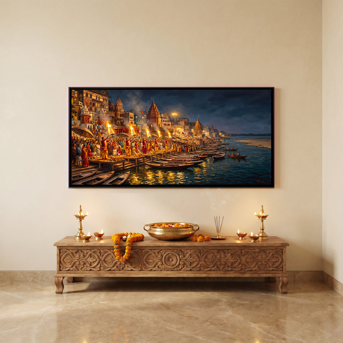 Ganga Aarti on the Ghats - canvas art shown in a second room setting