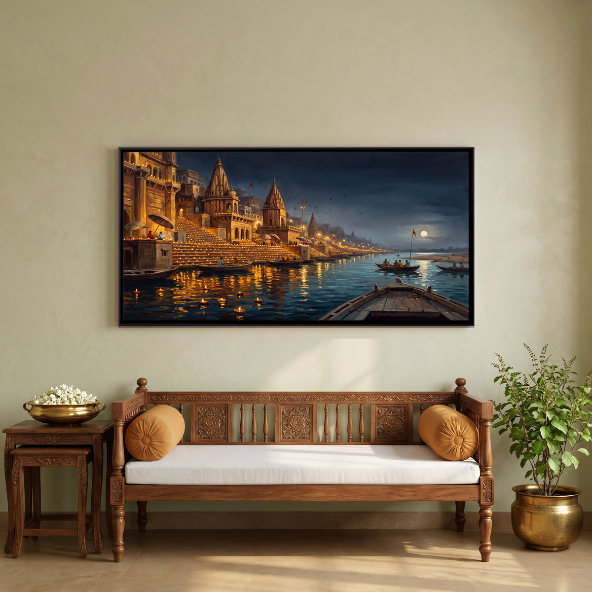 Dev Deepawali on the Ghats - canvas art shown in a styled room