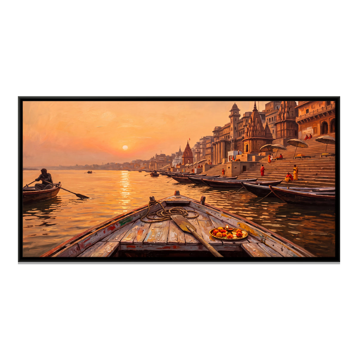 Sunrise on the Ganga from a Boat - framed canvas print, front view