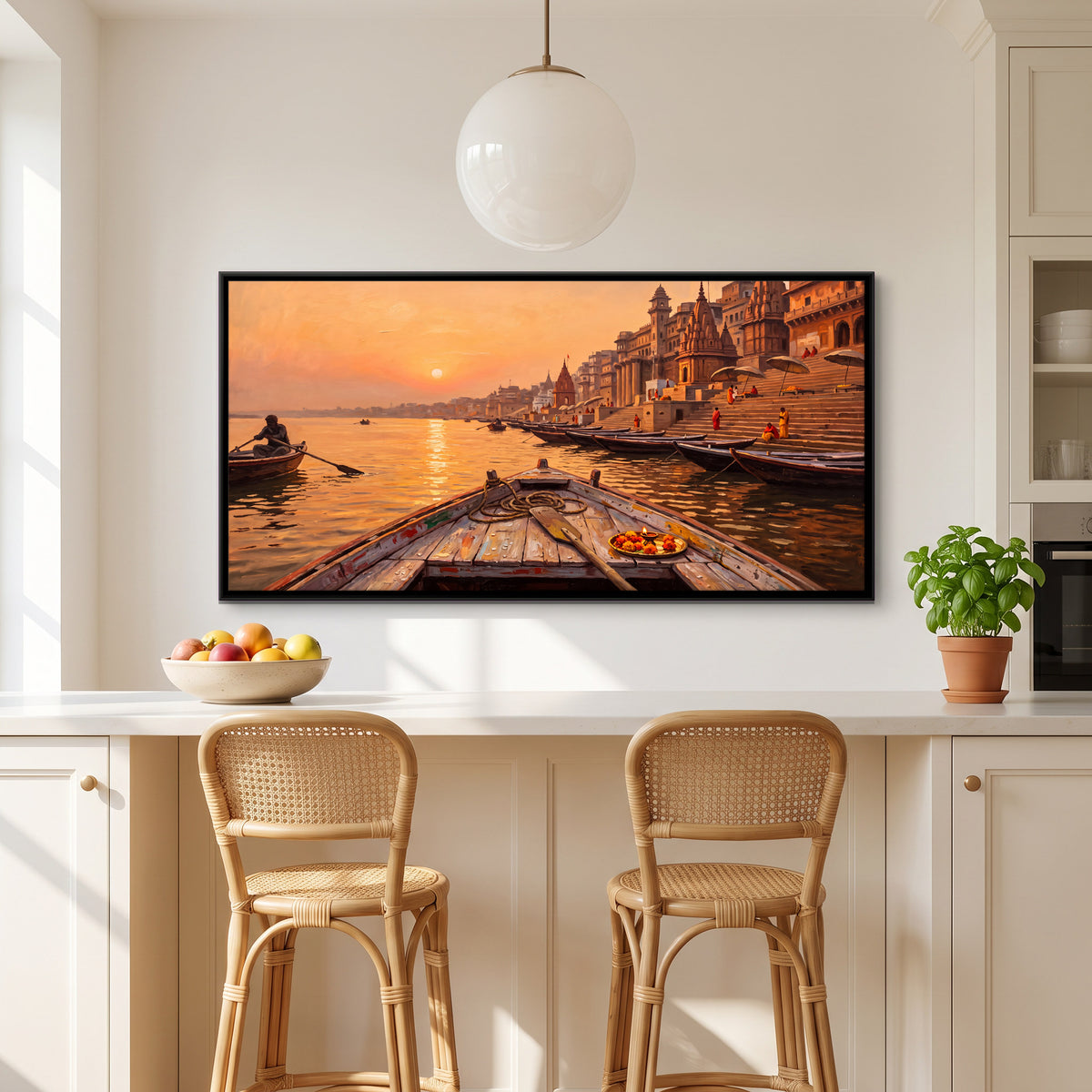 Sunrise on the Ganga from a Boat - canvas art shown in a styled room