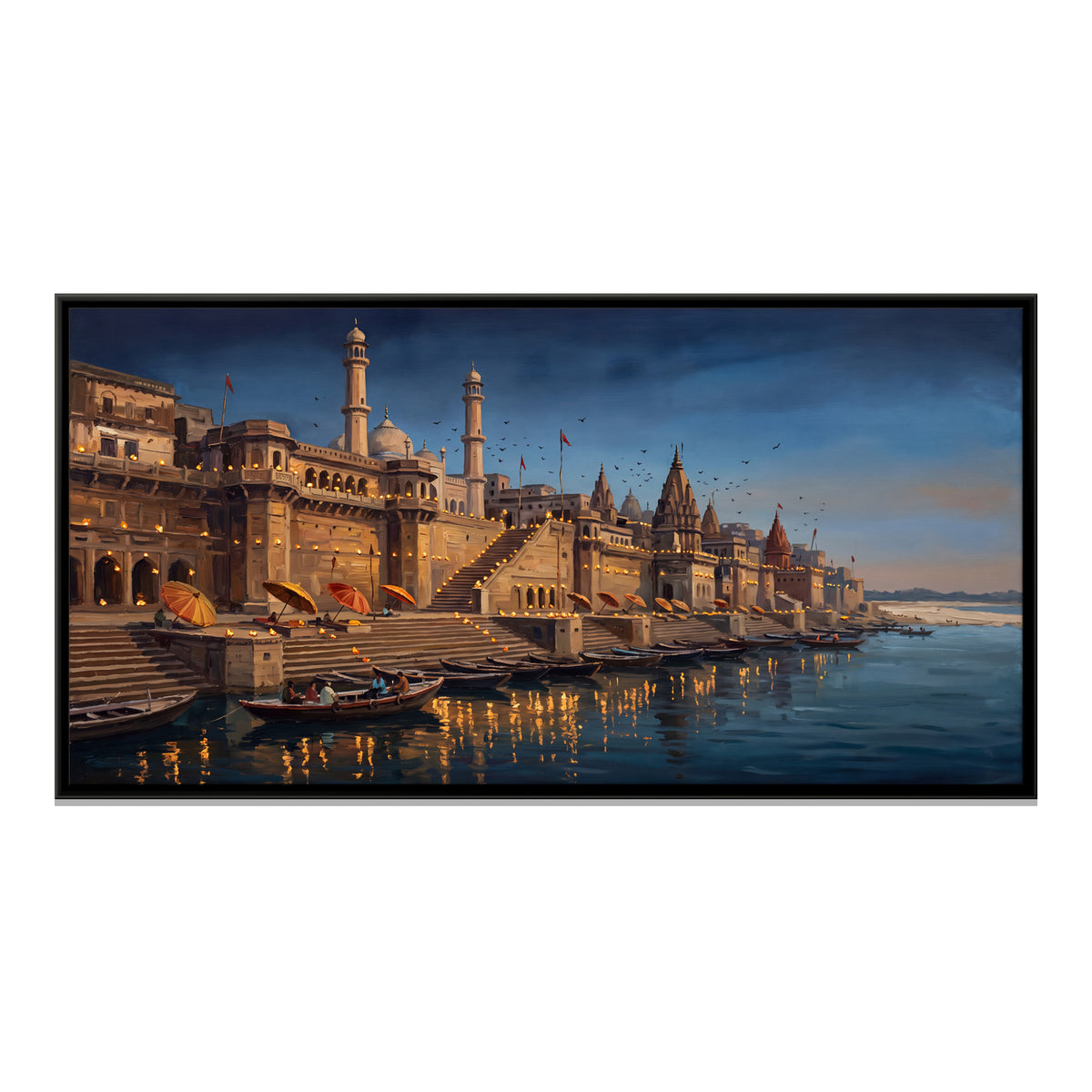Minarets Above the Varanasi Ghats - framed canvas print, front view