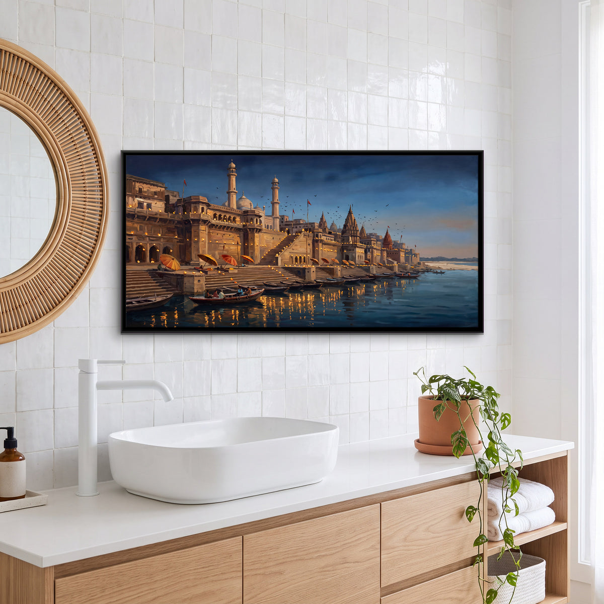 Minarets Above the Varanasi Ghats - canvas art shown in a styled room