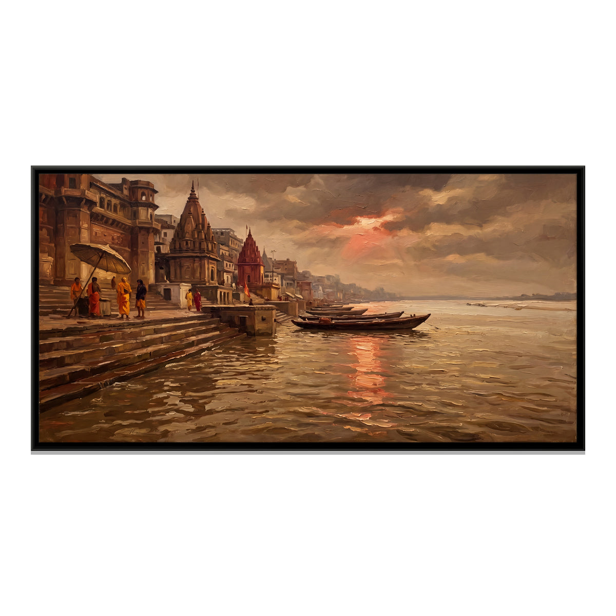 Sunset Over the Varanasi Ghats - framed canvas print, front view