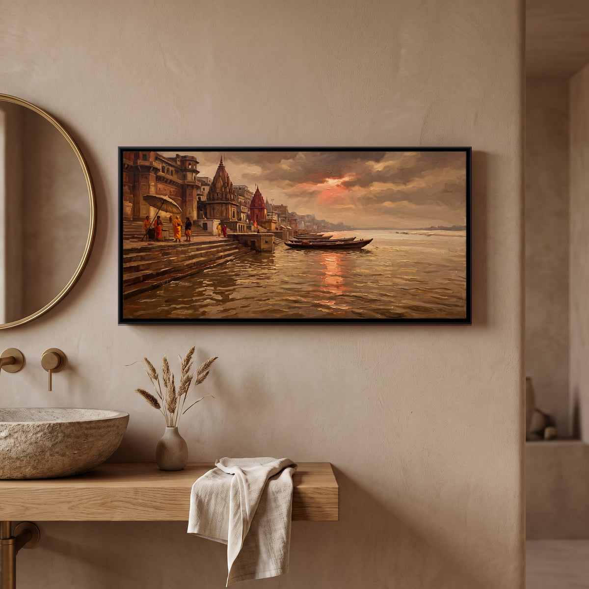 Sunset Over the Varanasi Ghats - canvas art shown in a second room setting