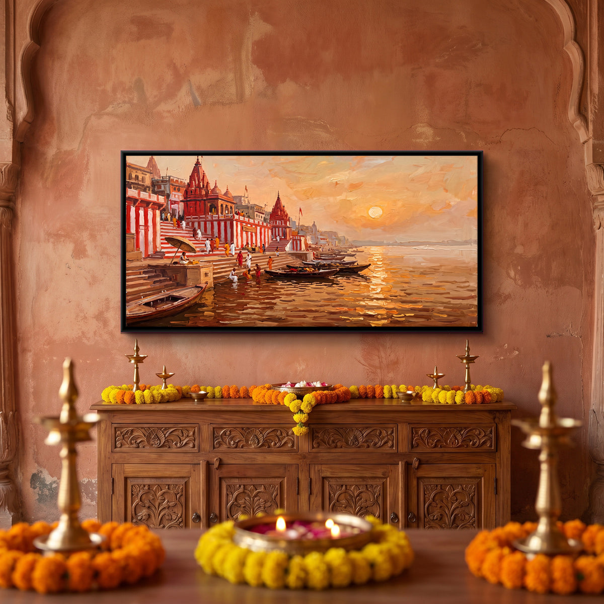 Red and White Striped Ghat - canvas art shown in a second room setting