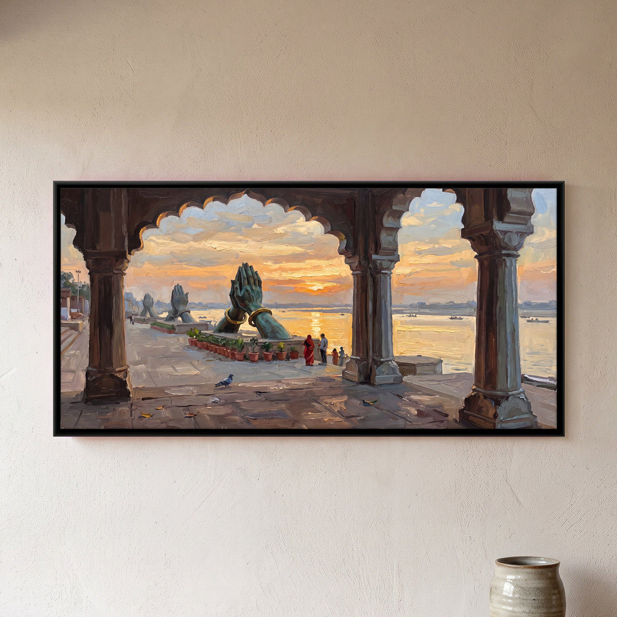 Sunrise Through Namo Ghat Arches - framed canvas art hung on a wall