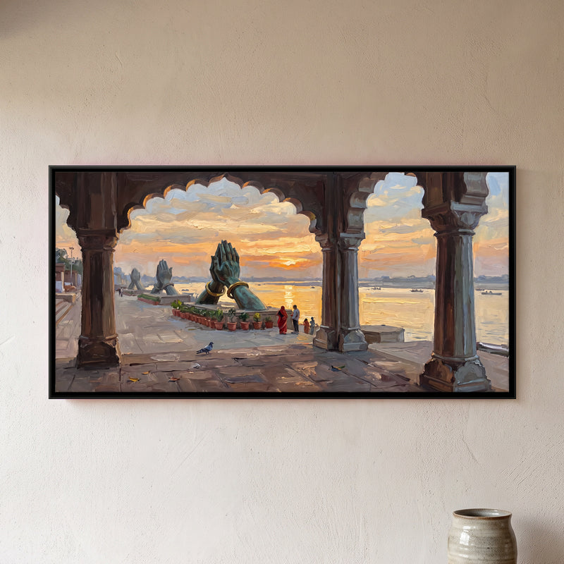 Sunrise Through Namo Ghat Arches - framed canvas art hung on a wall