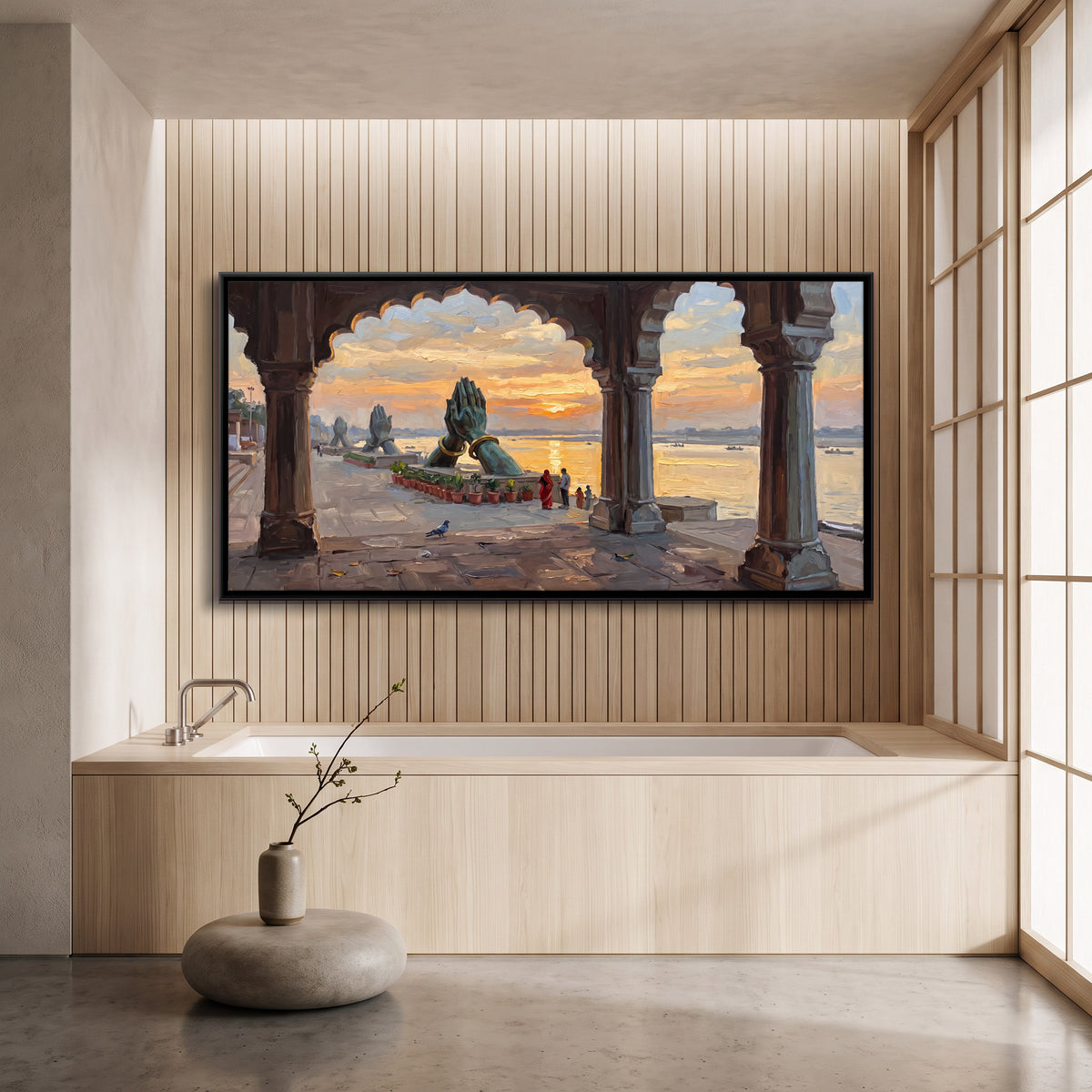 Sunrise Through Namo Ghat Arches - canvas art shown in a second room setting