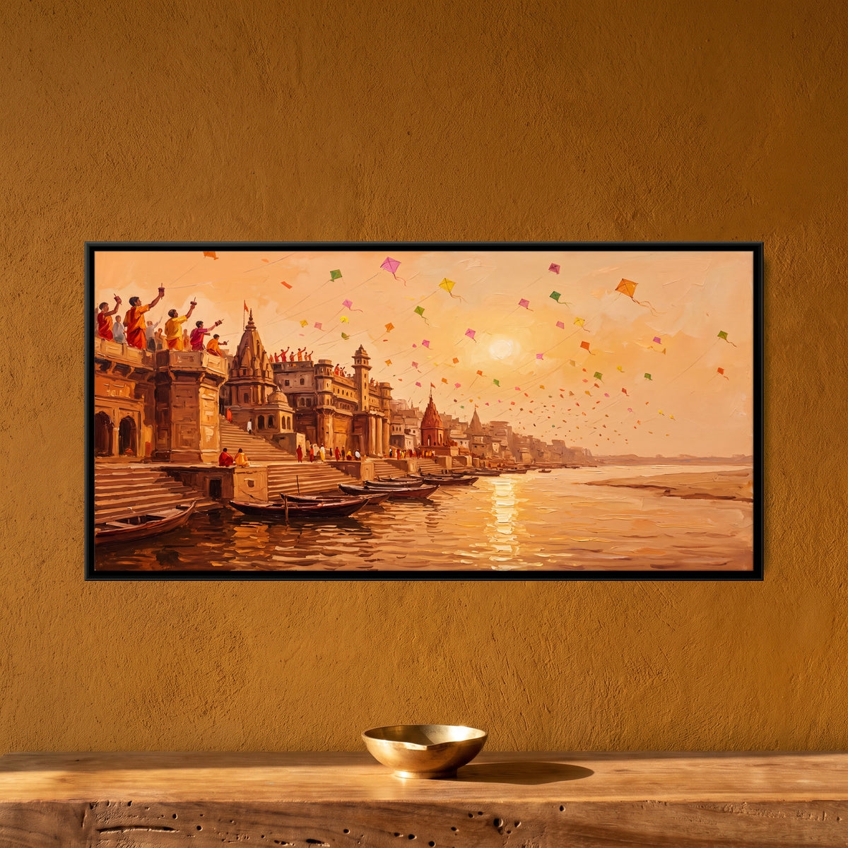Kite Flying over the Ghats - framed canvas art hung on a wall