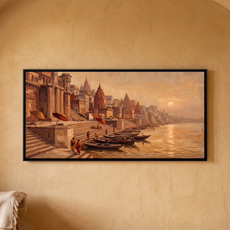Quiet Ghats in Morning Haze - framed canvas art hung on a wall