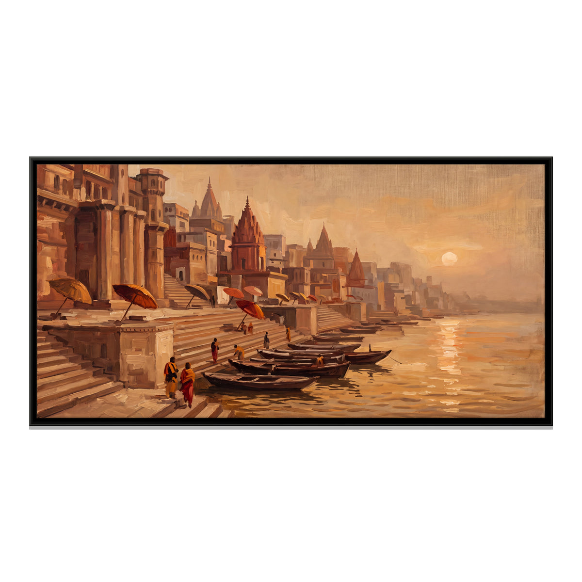 Quiet Ghats in Morning Haze - framed canvas print, front view