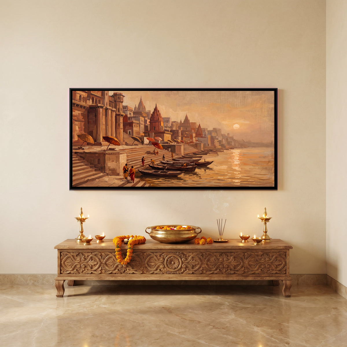 Quiet Ghats in Morning Haze - canvas art shown in a second room setting