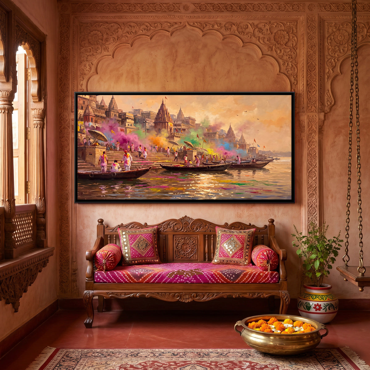 Holi on the Ghats - canvas art shown in a styled room