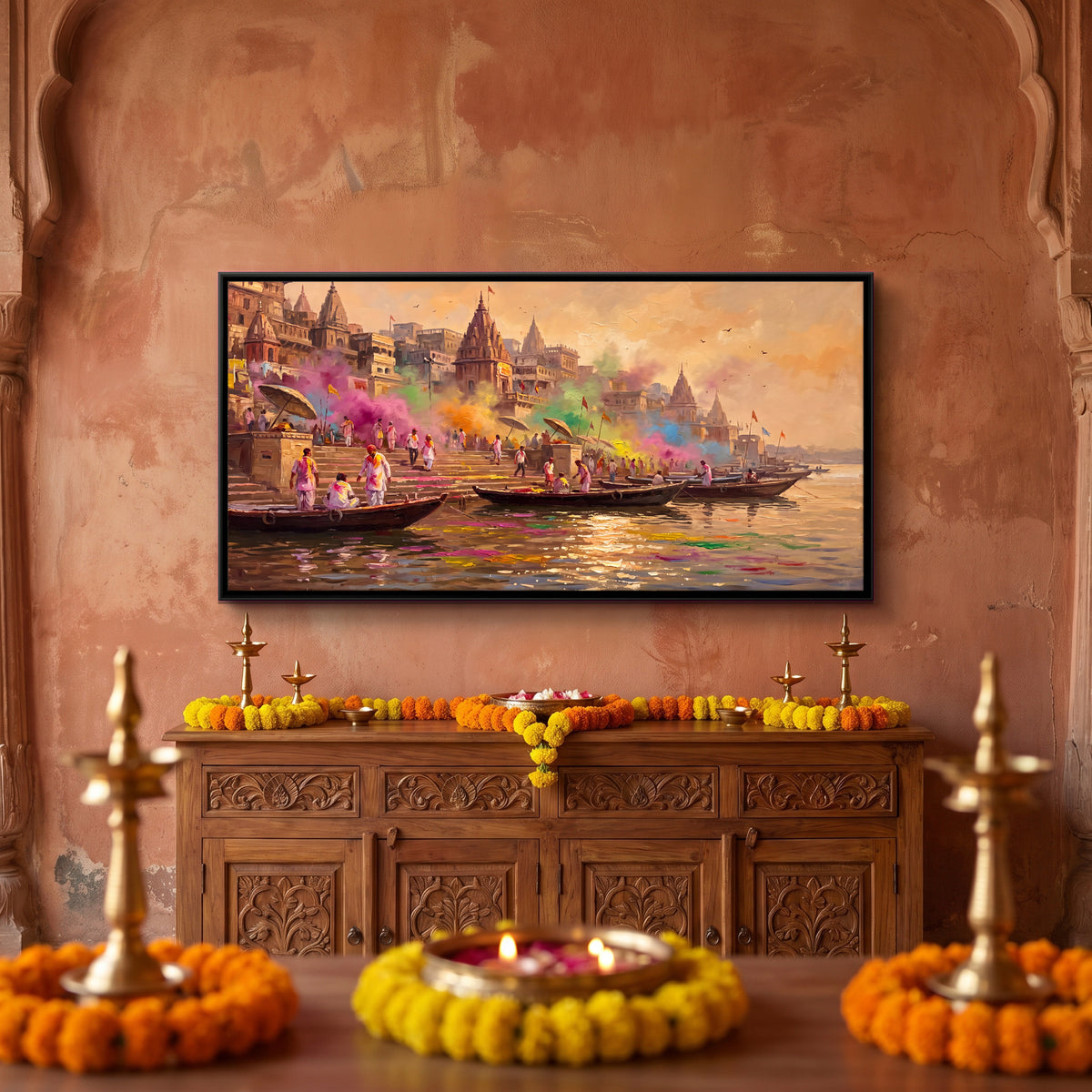 Holi on the Ghats - canvas art shown in a second room setting