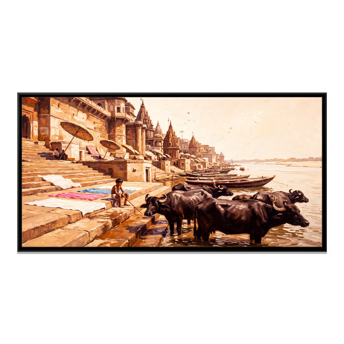 Buffaloes at the Ghat Steps - framed canvas print, front view