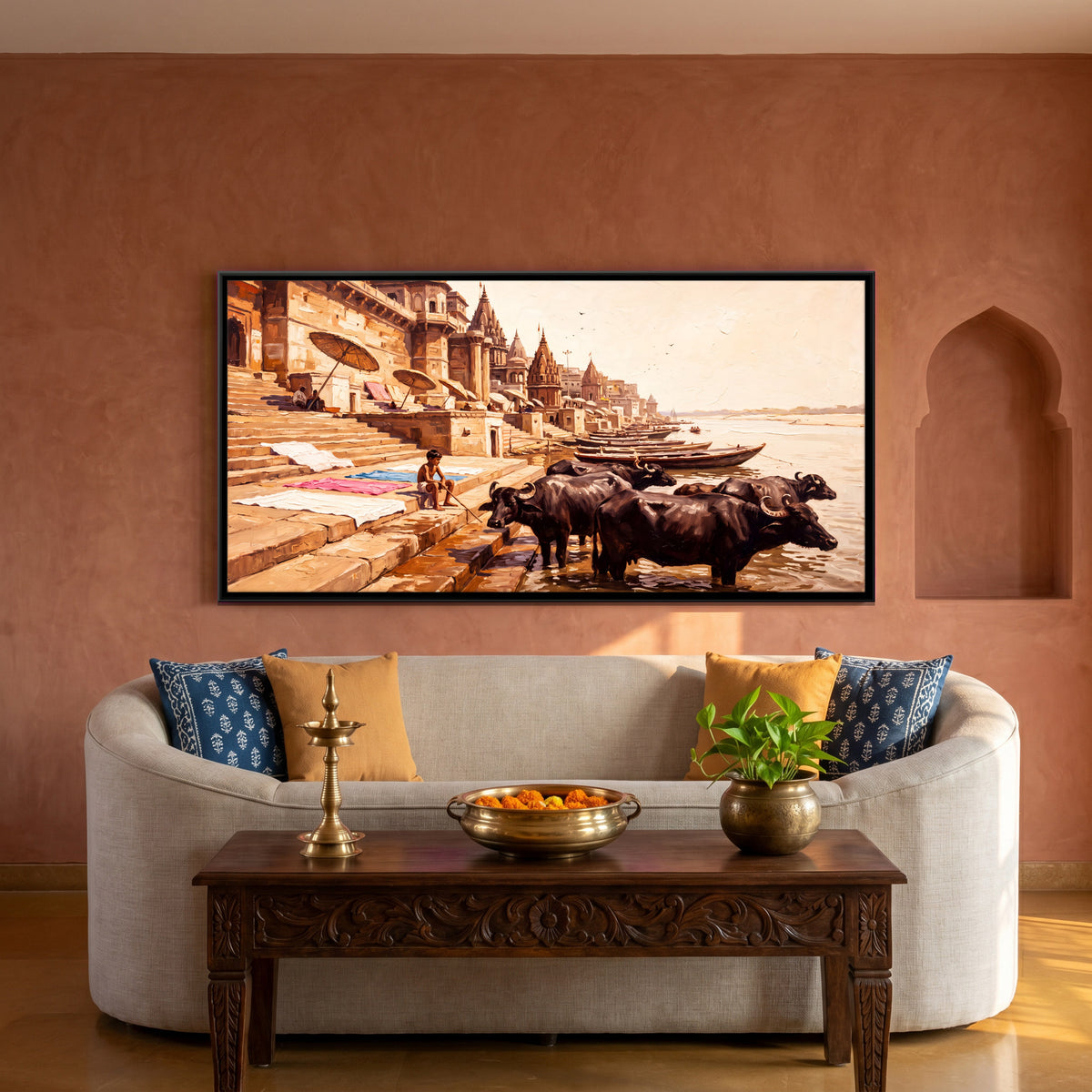 Buffaloes at the Ghat Steps - canvas art shown in a styled room