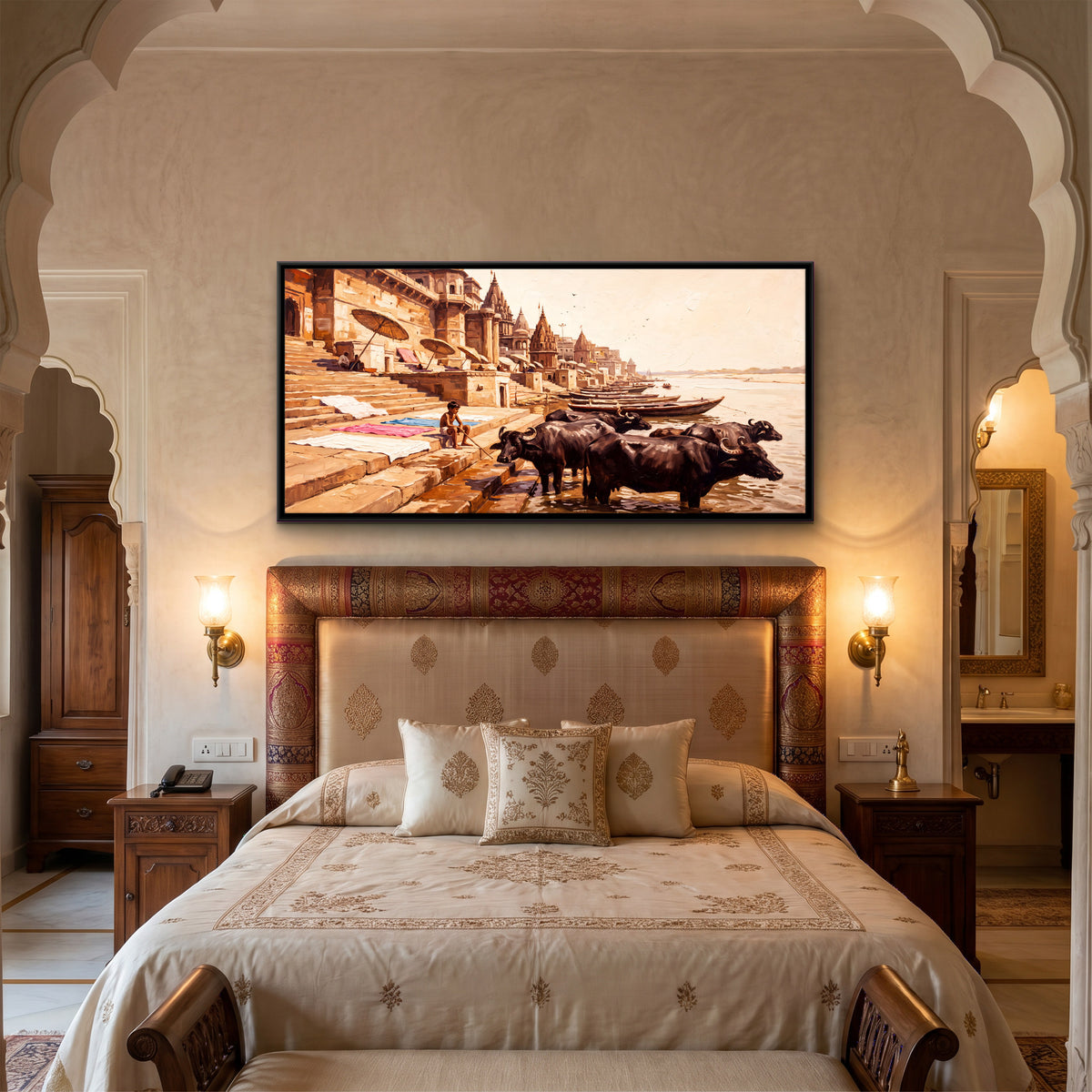 Buffaloes at the Ghat Steps - canvas art shown in a second room setting