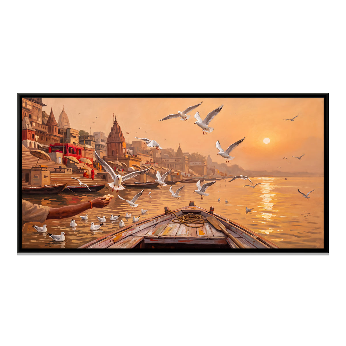 Feeding Gulls from a Boat - framed canvas print, front view
