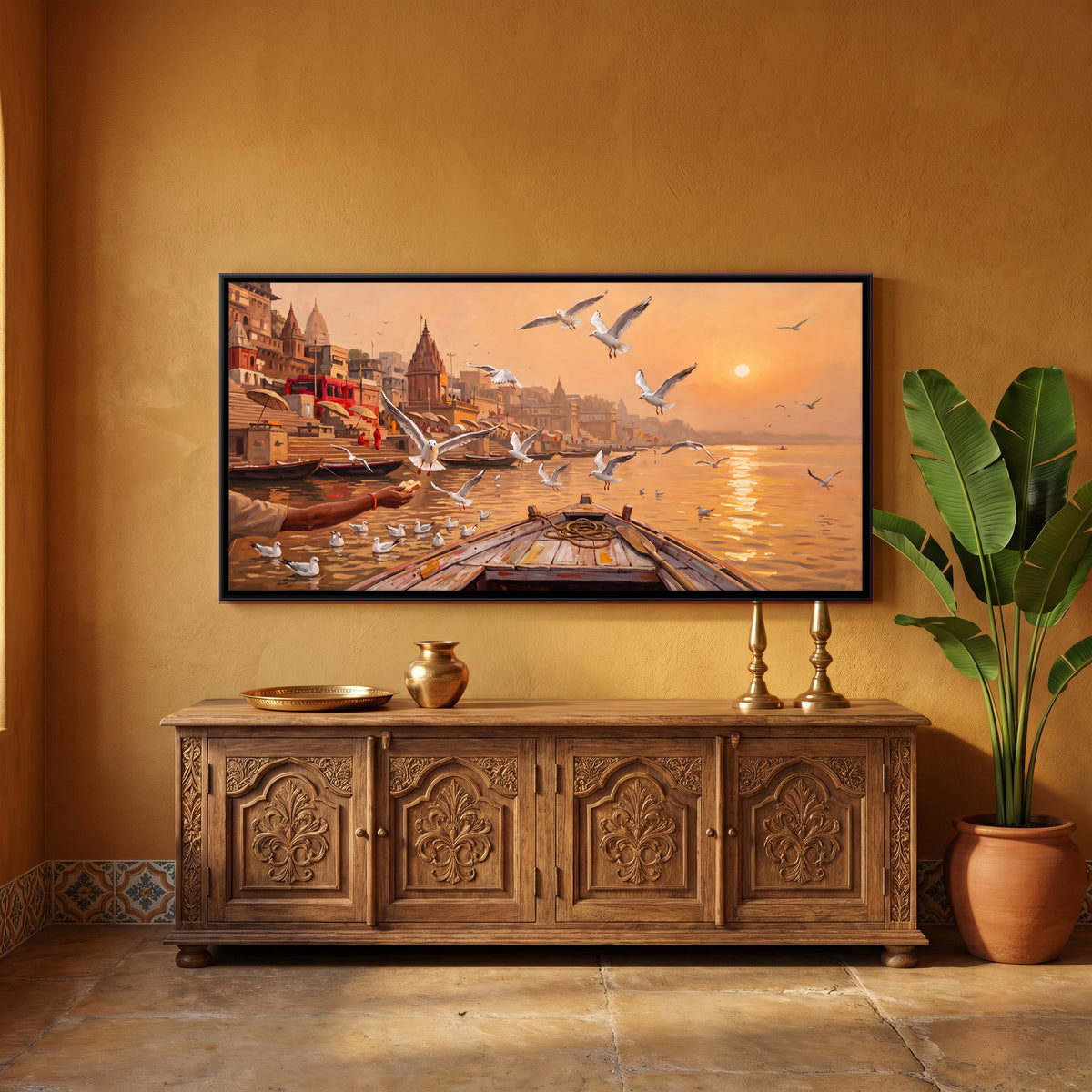 Feeding Gulls from a Boat - canvas art shown in a styled room