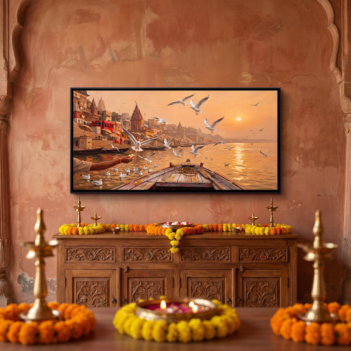 Feeding Gulls from a Boat - canvas art shown in a second room setting