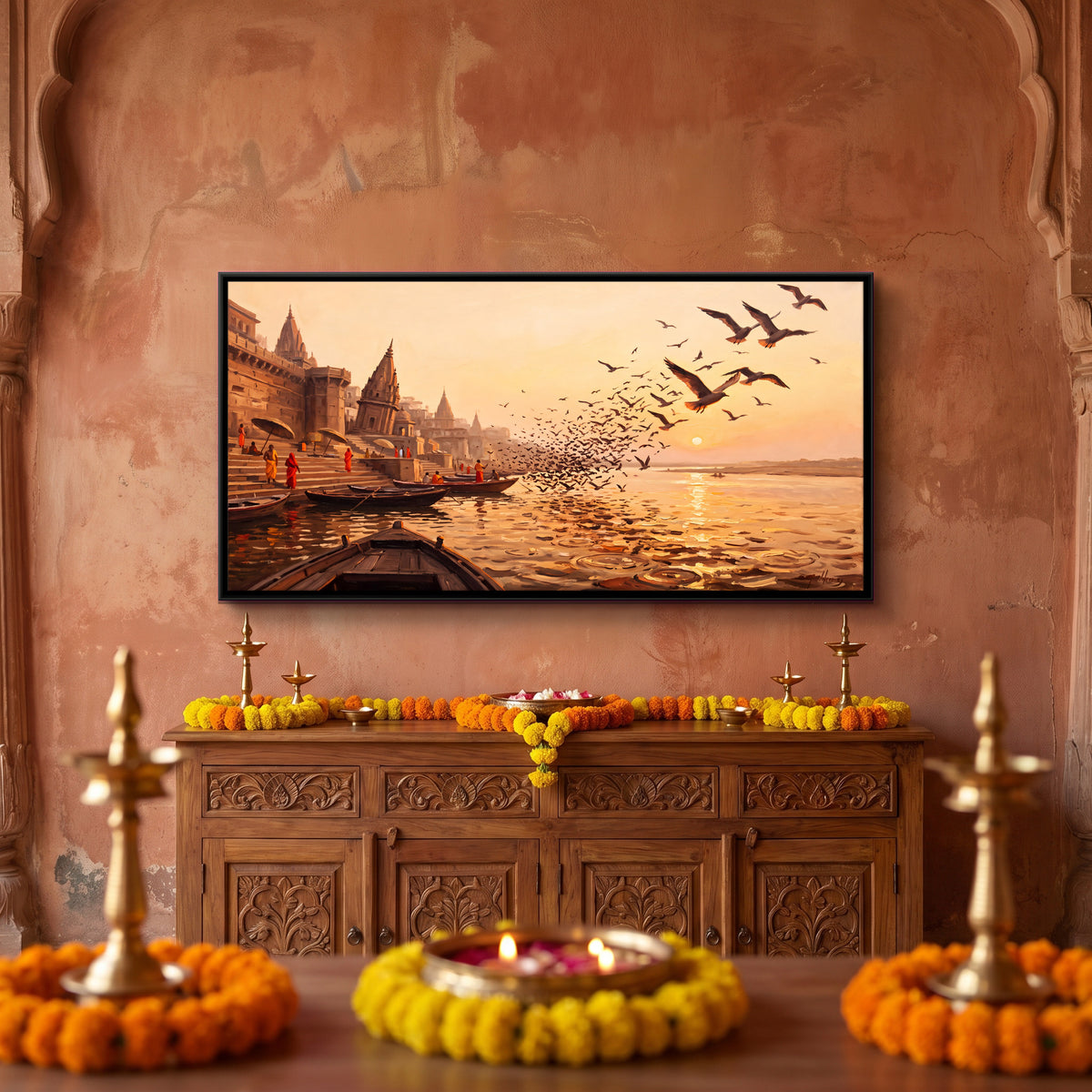 Gulls Rising Over the Ganga - canvas art shown in a styled room