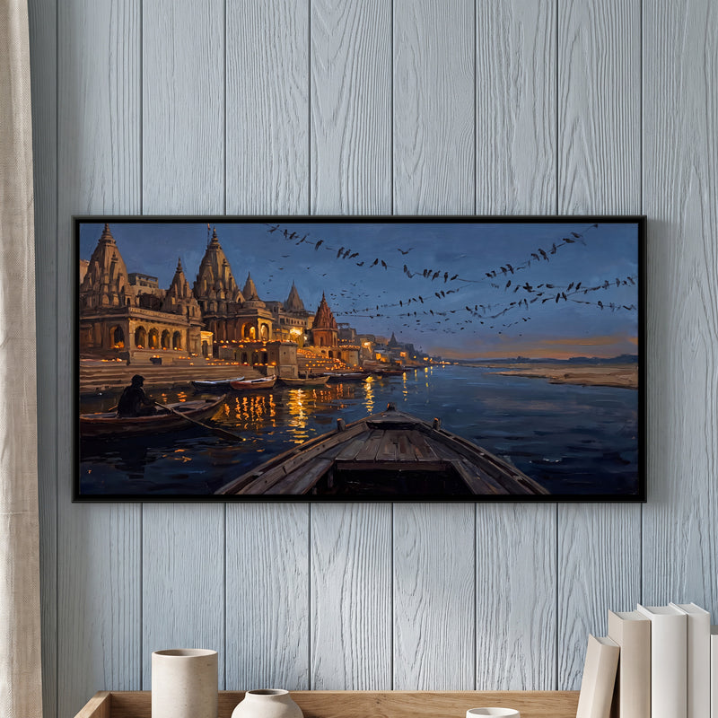 Boatman Before the Lamplit Ghats - framed canvas art hung on a wall