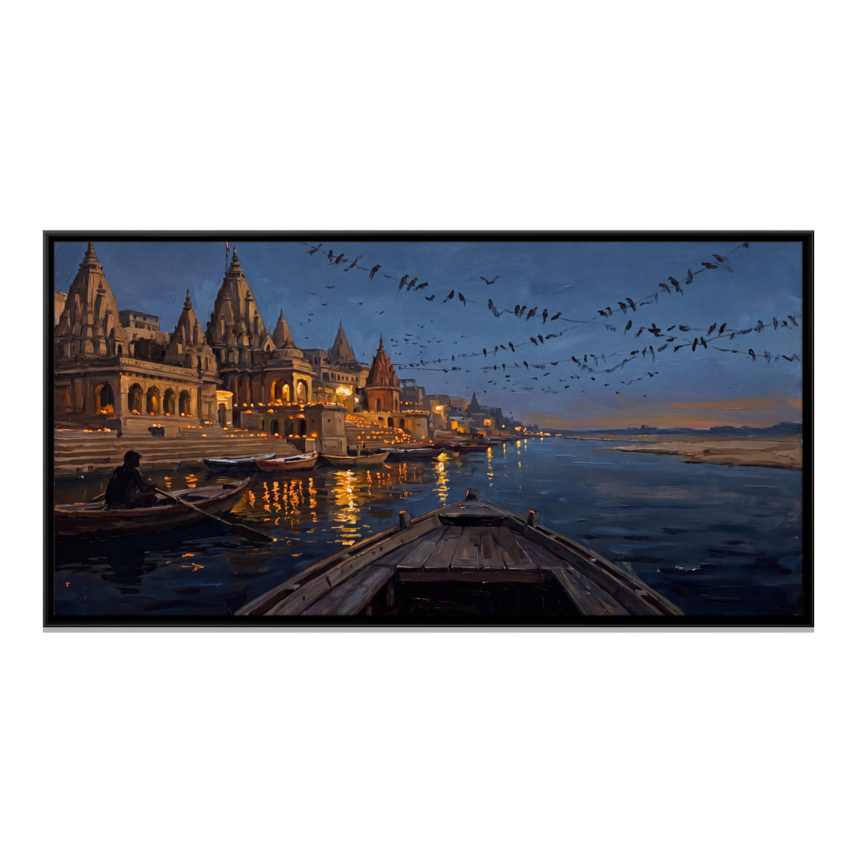 Boatman Before the Lamplit Ghats - framed canvas print, front view