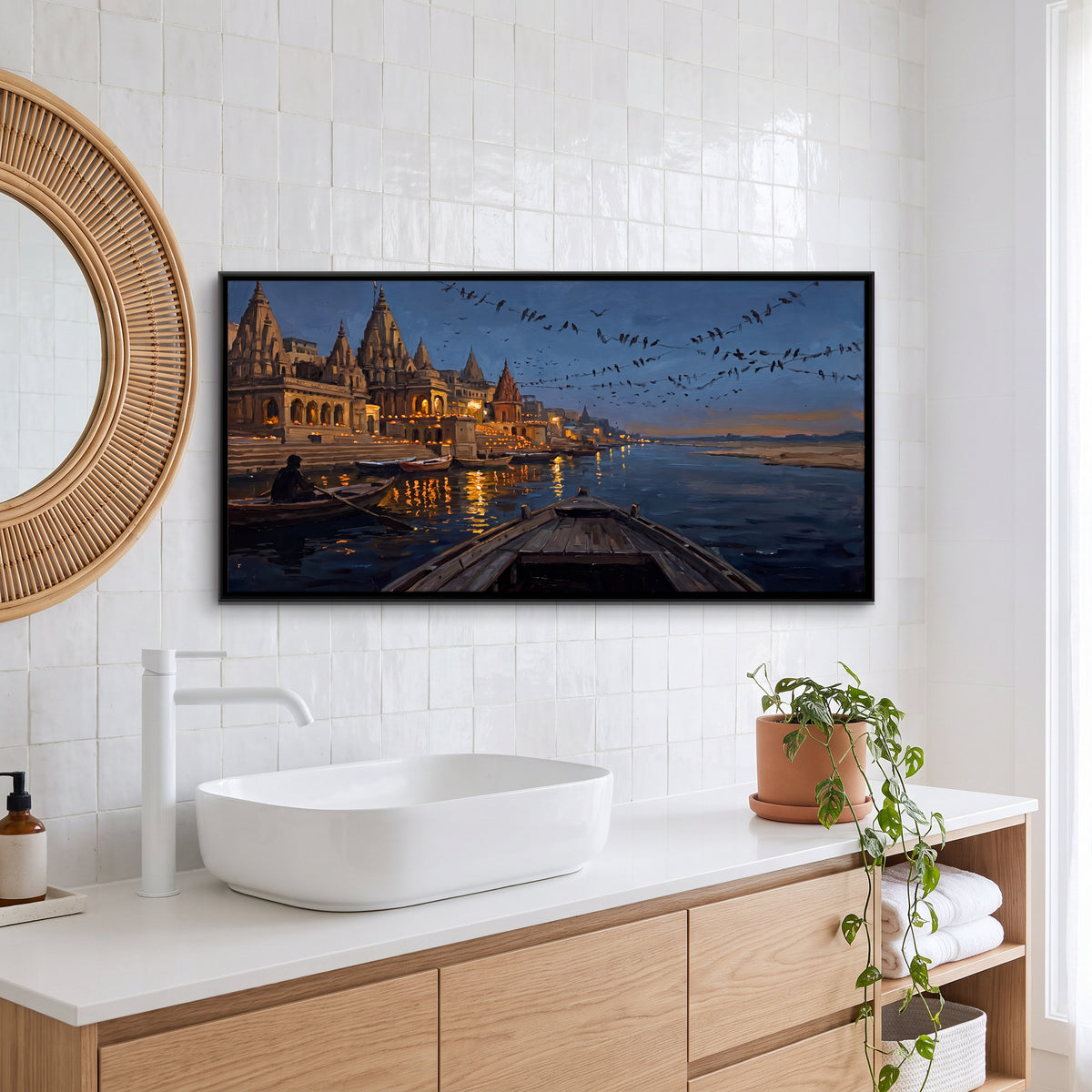 Boatman Before the Lamplit Ghats - canvas art shown in a styled room
