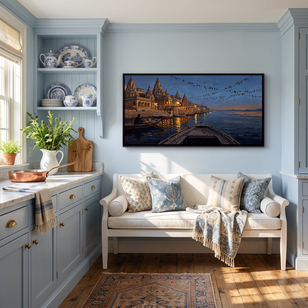 Boatman Before the Lamplit Ghats - canvas art shown in a second room setting