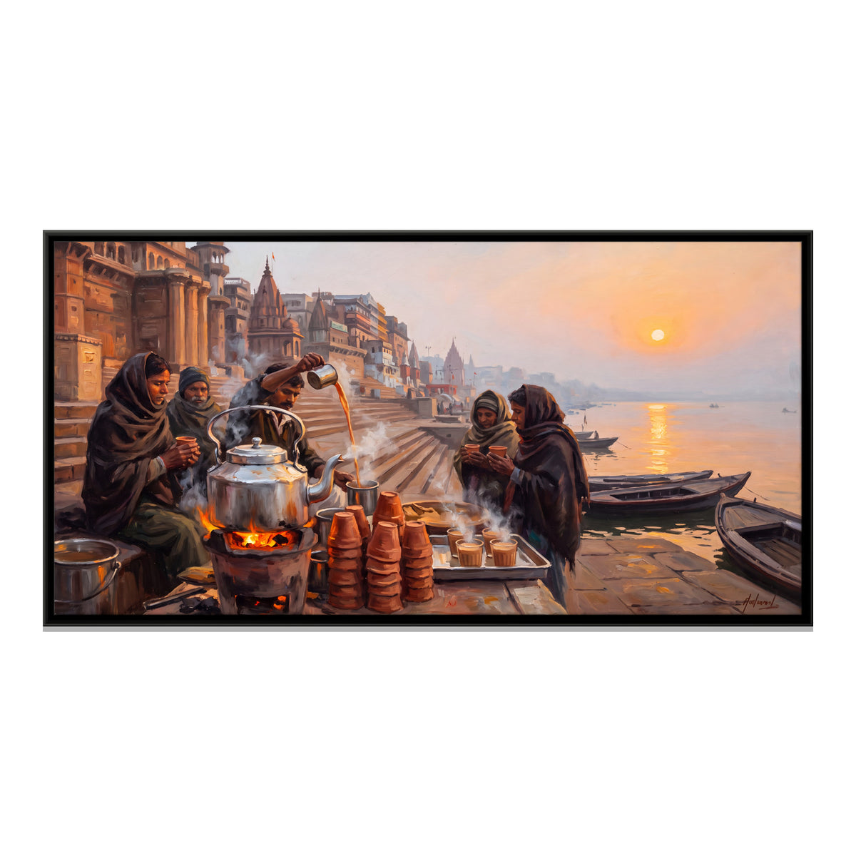 Chai Stall at Sunrise - framed canvas print, front view