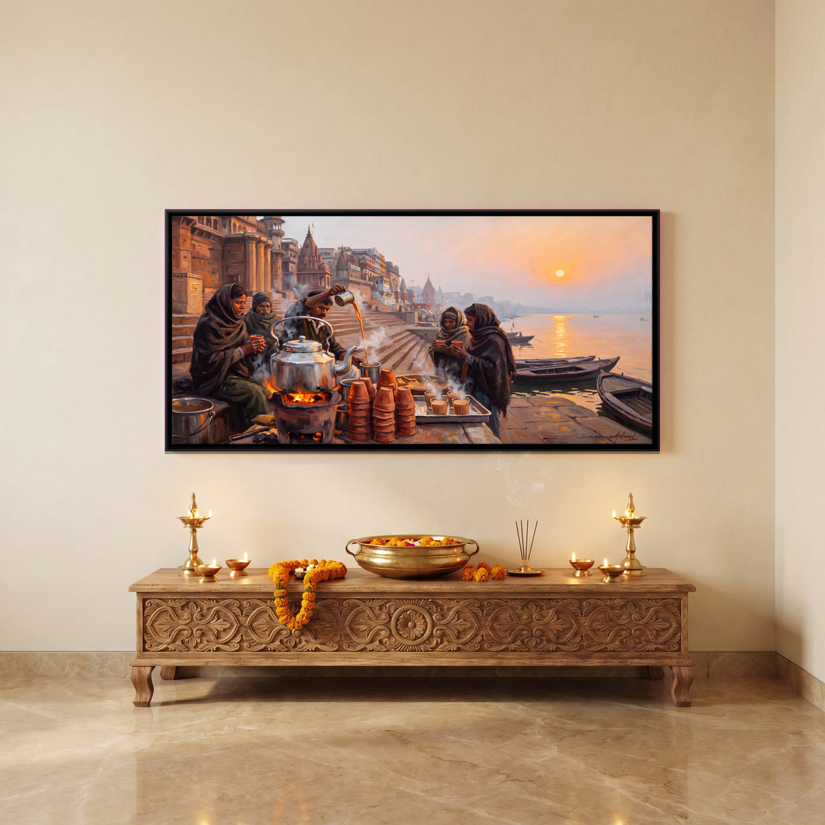 Chai Stall at Sunrise - canvas art shown in a styled room