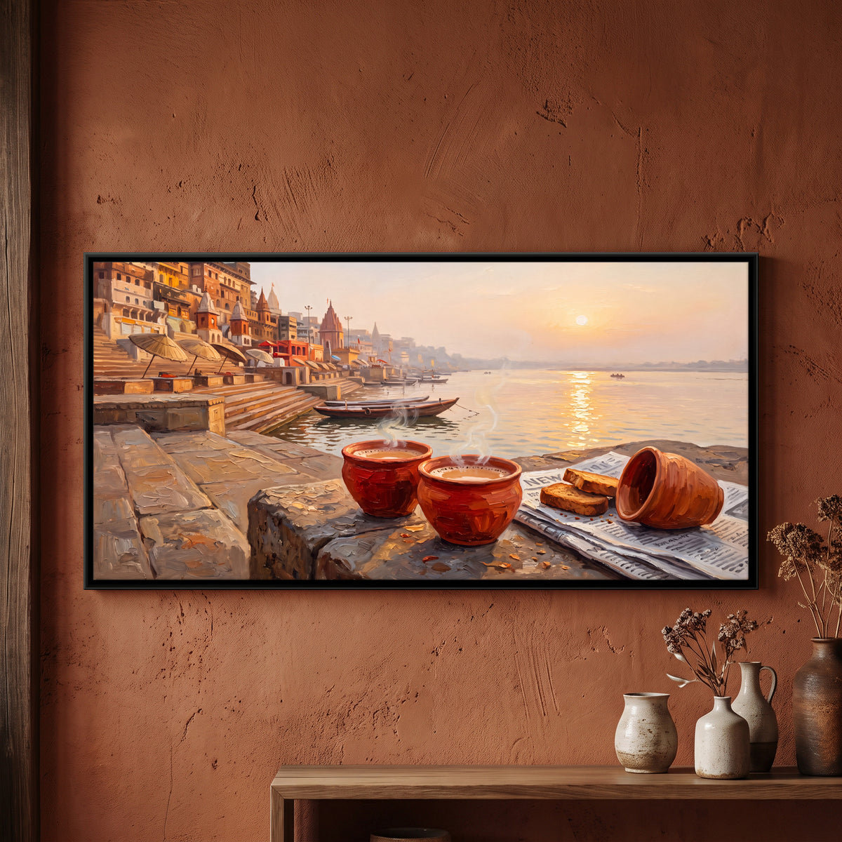 Chai and Toast by the River - framed canvas art hung on a wall