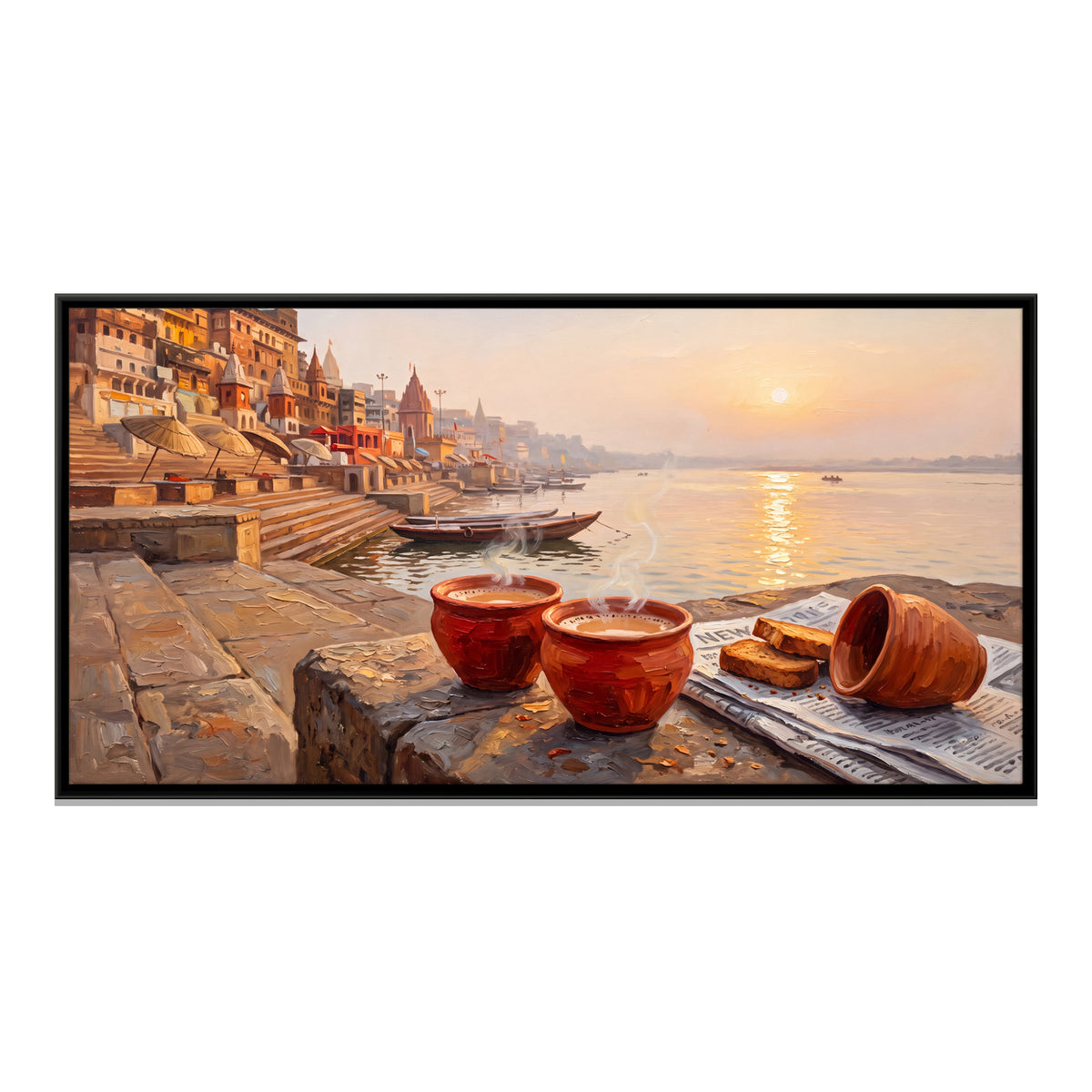 Chai and Toast by the River - framed canvas print, front view